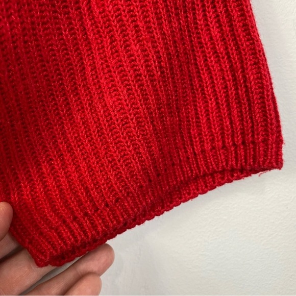 Vintage 70s Ribbed Knit Fitted Sweater 3/4 Sleeves Cherry Red Pocket M - Picture 9 of 12